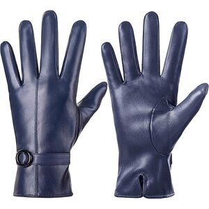 Women's Navy Winter Leather Gloves Touchscreen Texting Warm Driving Gloves